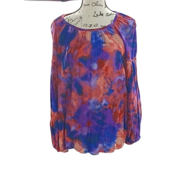 Terra & Sky Womens 1X Tie Dye Peasant Blouse Long Sleeve Boho Top Plus Size - Picture 2 of 8